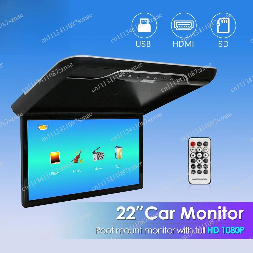 1080P 22 Inch Ceiling Mounted Car Monitor Flip Screen, Roof Top Video Display with 16-Color Ambient Light, HDMI and FM