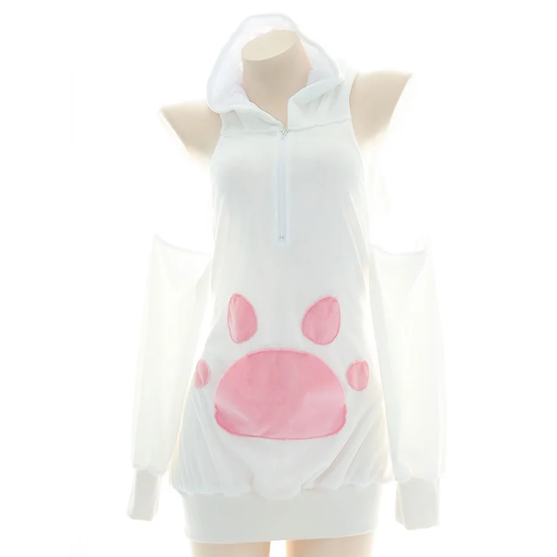 Neue Halloween Plüsch Katze Klaue Rollenspiel Pyjama Frauen niedlichen Hoodie Kleid Hasen ohr Hoodie kalte Schulter offener Rücken Reiß verschluss Set