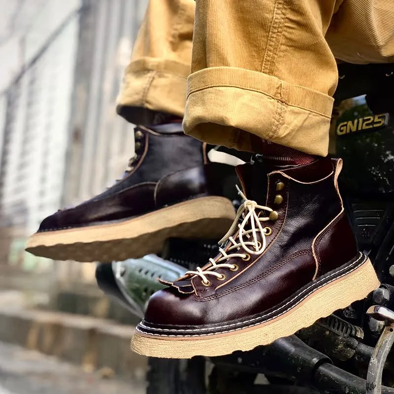 

Модные мужские мотоциклетные ботинки из натуральной кожи, повседневная походная обувь, британские уличные рабочие кроссовки на толстой подошве, зимние ботинки