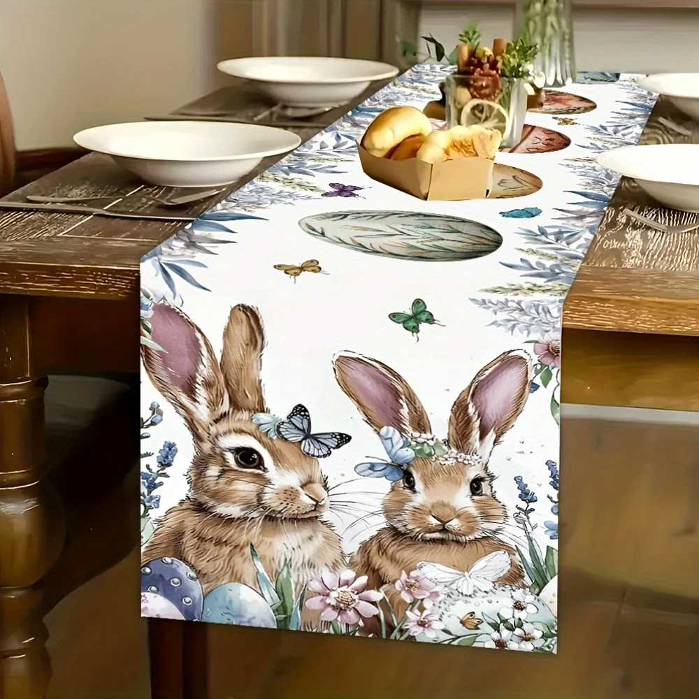 1Pc Easter Watercolor Rabbit Table Runner Forest Style Cute Bunny Egg Table Decoration Cloth European and American Spring Party Scene Arrangement Long Tablecloth