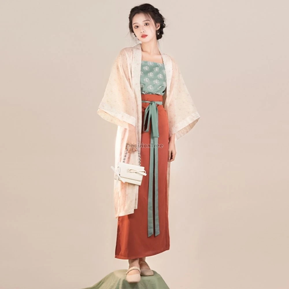 2025 chinês antiga dinastia de música hanfu nova primavera verão feminino longo espiral saia casaco colete três peças retro hanfu conjunto w1014