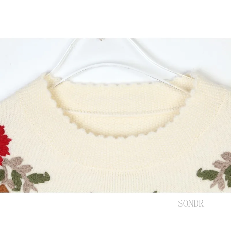 Suéter con bordado de flores para mujer, cuello redondo, manga larga, jersey beige, tops de jersey retro, otoño