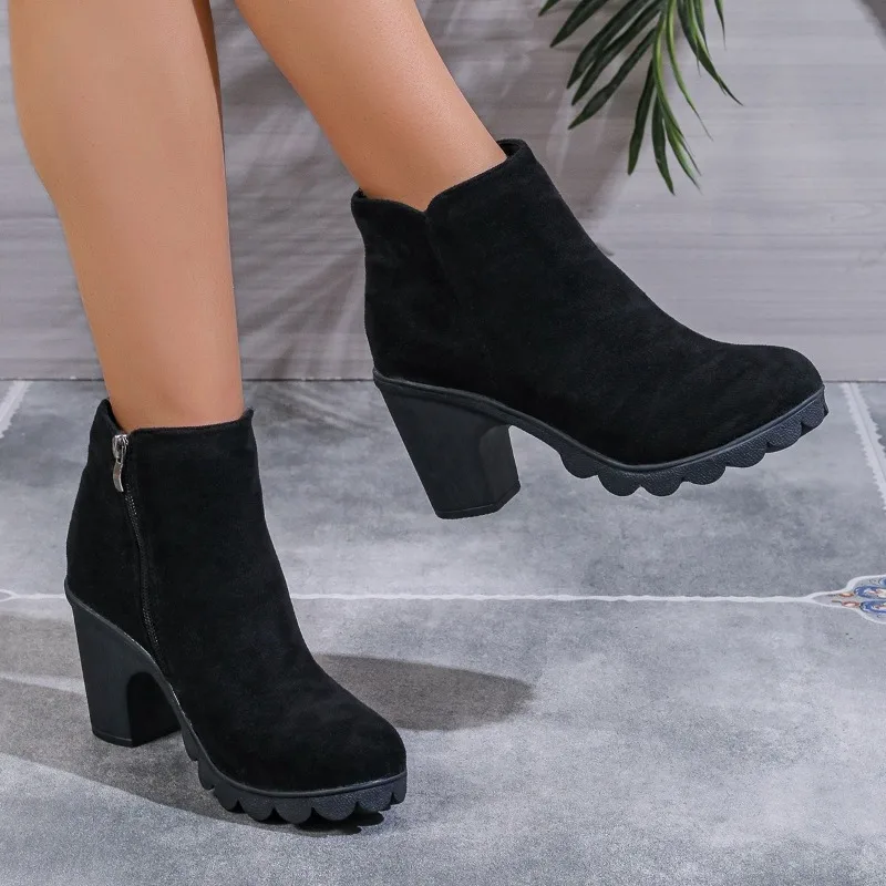 Ankle boots femininos de dedo do pé redondo, sapatos com zíper lateral, monocromático, tamanho positivo, escritório e carreira, alta qualidade, novo, moda, 2024