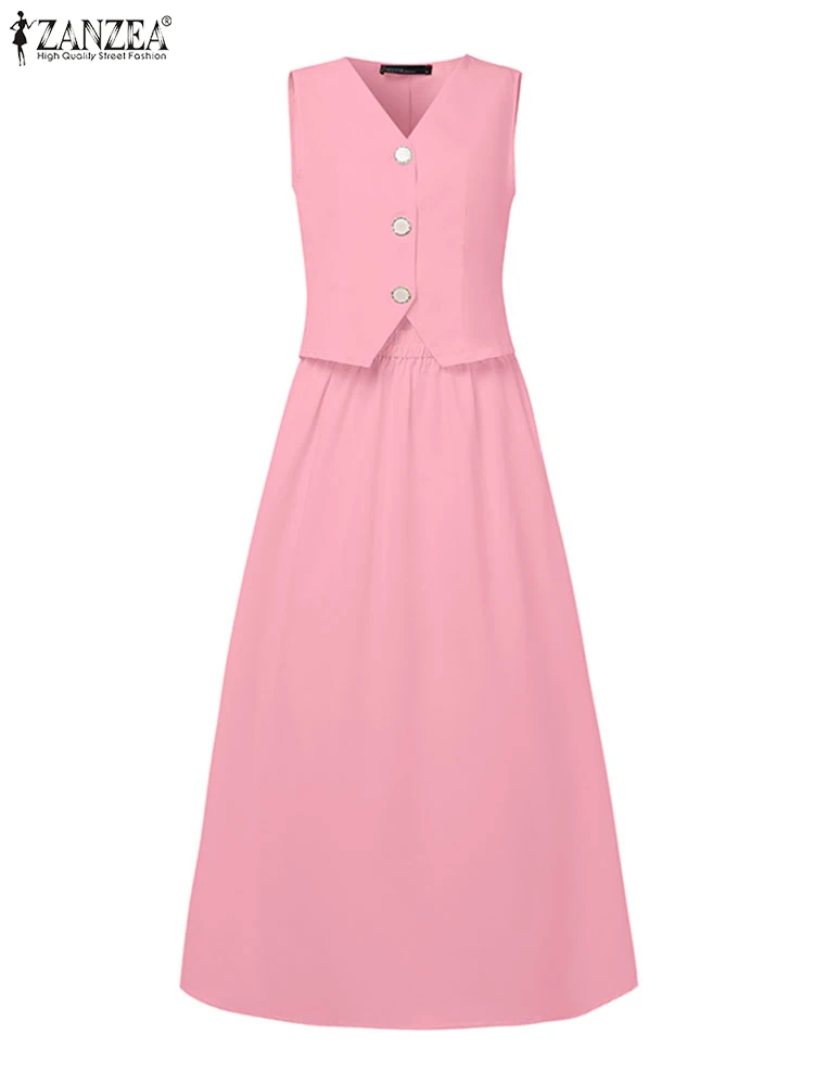 

ZANZEA Vintage V-Neck Sleeveless Vests Tops 2 Piece Skirt Sets High Waist A-line Maxi Skirts Elegant Woman 2PCS Outfits Suits