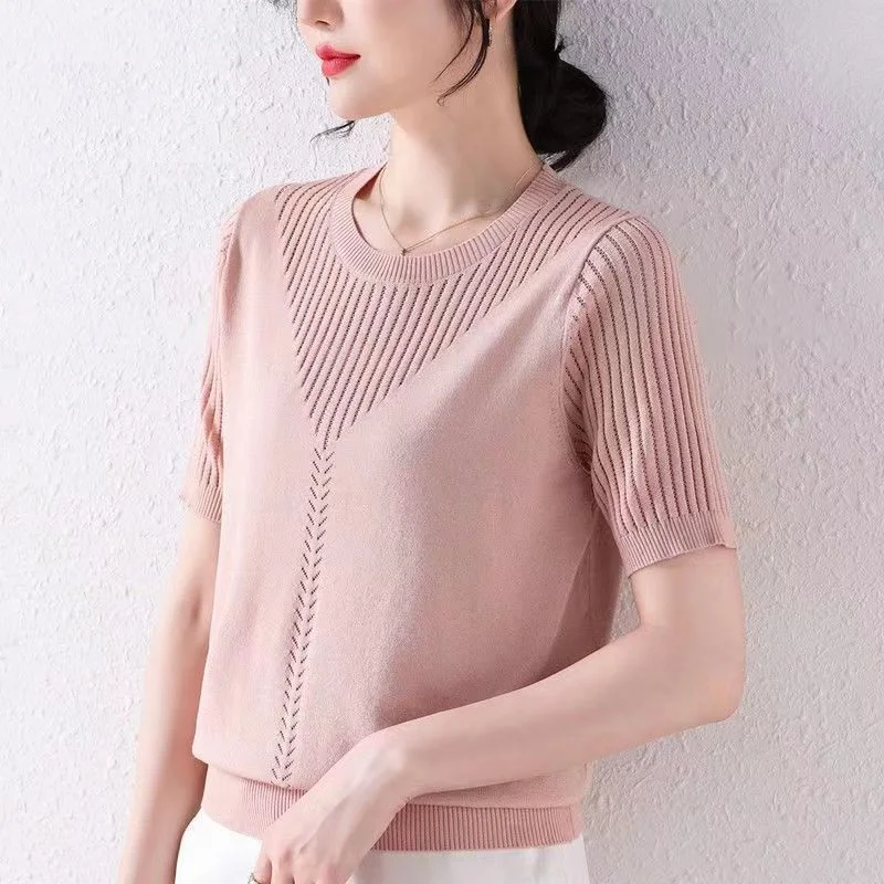 TuangBiang Female Summer Cotton Pullover 2023 Hollow Out O-Neck Short Sleeves Knitted T-Shirts Women Autumn Thin Loose Pink Tops