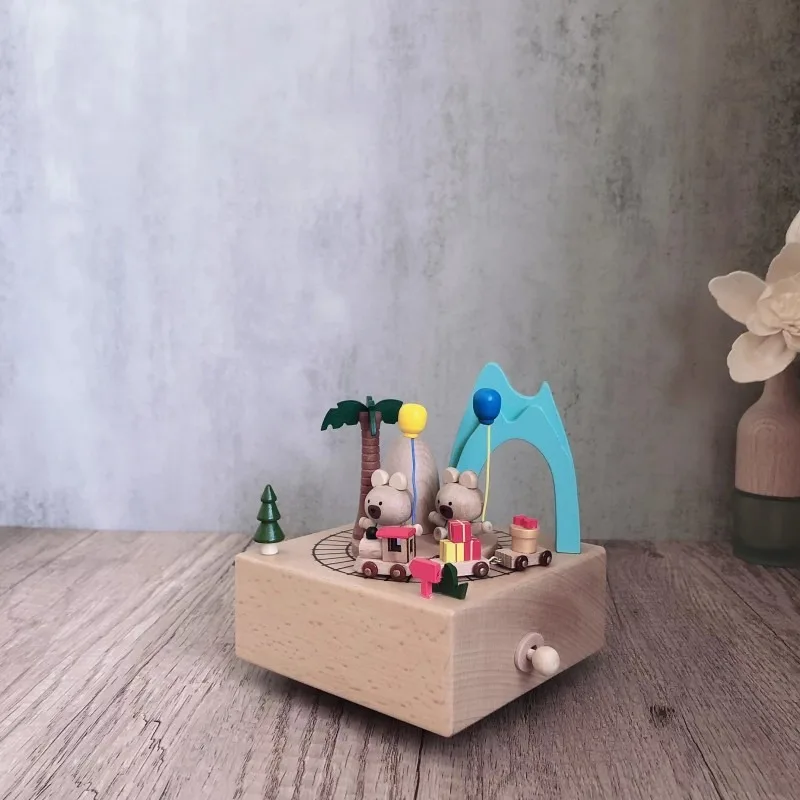 Little Bear Train Wooden Music Box Wooden Micro Landscape Creative Music Box DIY Handmade Rotating Christmas Birthday Gift