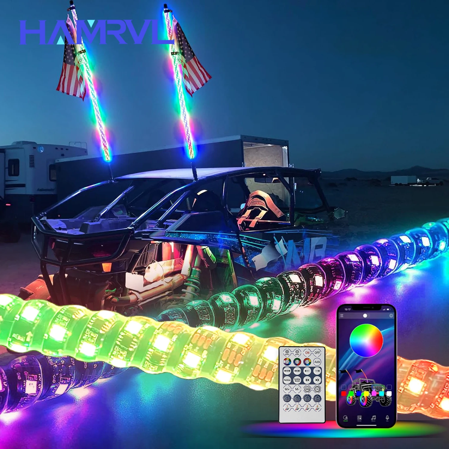 2FT 2PCS RGB LED Whip Lights,Remote Control Flagpole Antenna Whips,for Truck, Sand, Buggy Dune, RZR,UTV, ATV, Off Road