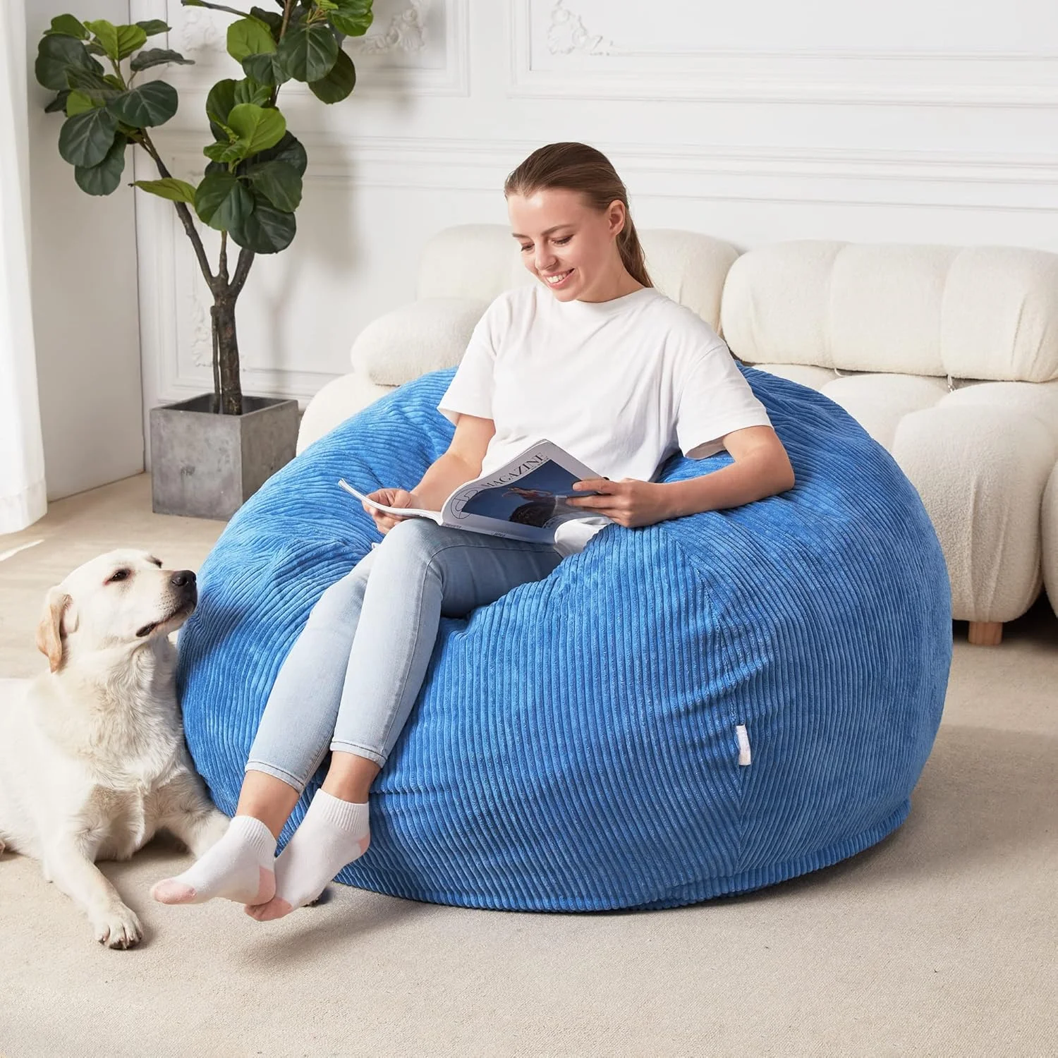 Fauteuil pouf rempli de mousse à mémoire de forme en forme de larme, canapé doux et compact, housse en velours côtelé, bleu