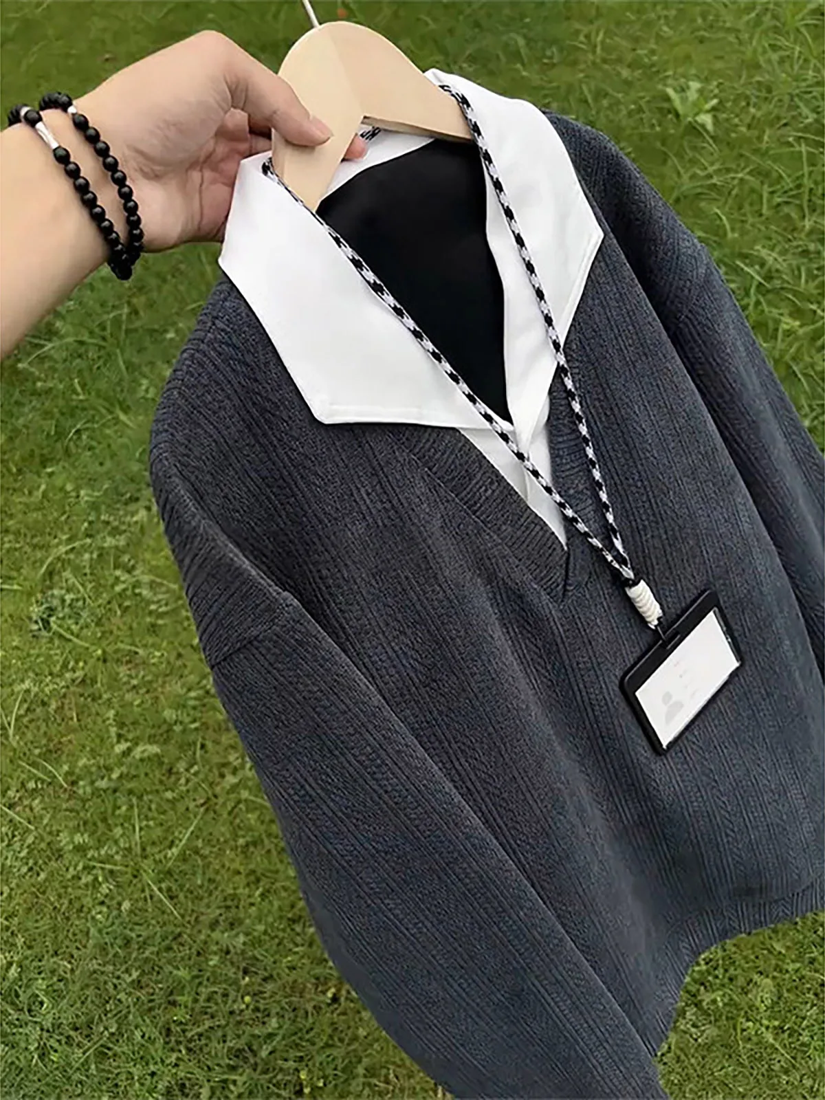 Autumn Men's Loose Fit Long Sleeve Sweatshirt with Wheat Ear Pattern Fake Two-Piece Stand Collar T-Shirt Casual Style Base Shirt