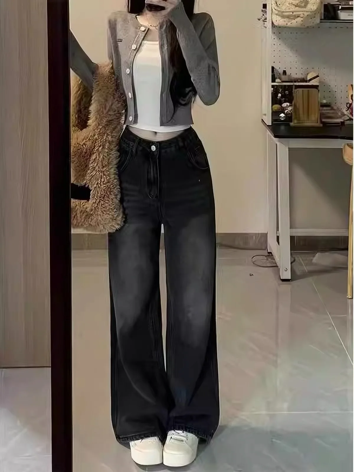 Small Size Women's High Waist Wide Leg Pants Draped Grey Black Student Floor Length Loose Fit Casual Jeans for Pear Shaped Body