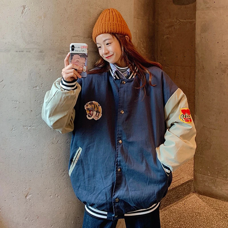 

New Spring And Autumn Coat Student Women's Short Round Neck Panel Jacket Single Breasted Blue Embroidery Casual Baseball Fashion