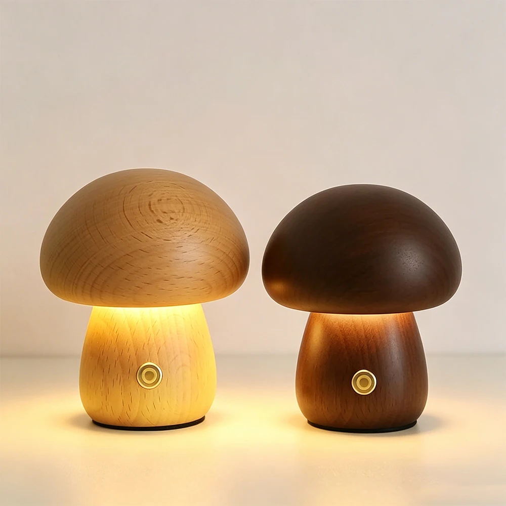 

﻿ Wooden Mushroom Lamp Rechargeable Cordless Table Lamp Portable Mushroom Night Light for Bedroom, Studyroom, Living Room Decor