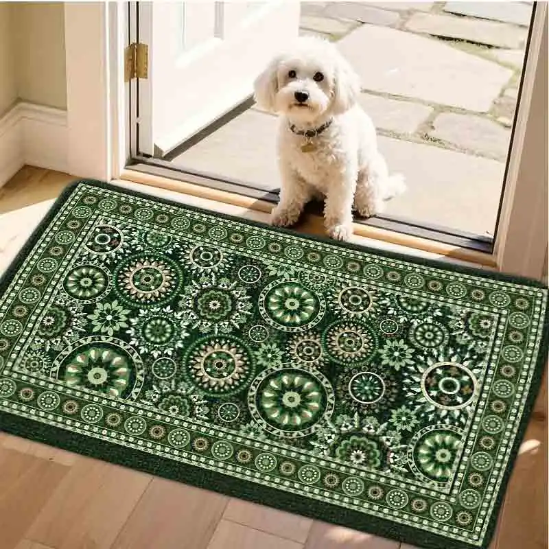 

1pc flannel floor matBoho Style Floral Pattern Area Rug Retro Green Geometric Floor Mat For Living Room Home DecorNon-slip, machine washable, soft area rug for home living room bedroom kitchen decor