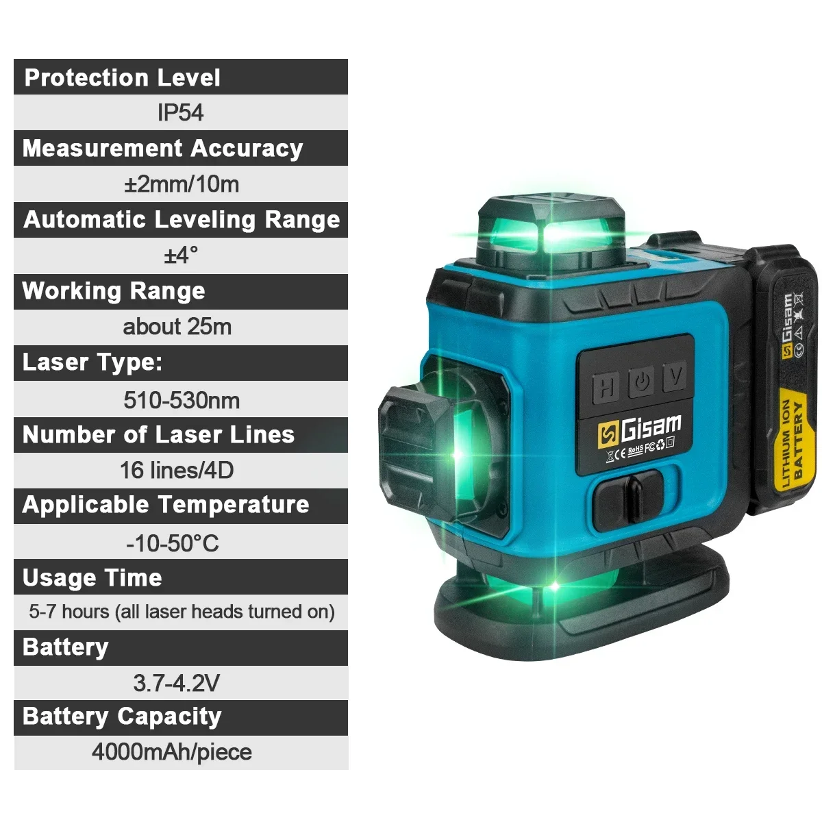 Gisam 16 Line 4D Laser Level with Tripod Green Line Self-leveling 360 Horizontal Vertical Cross Light Measure Powerful Beam