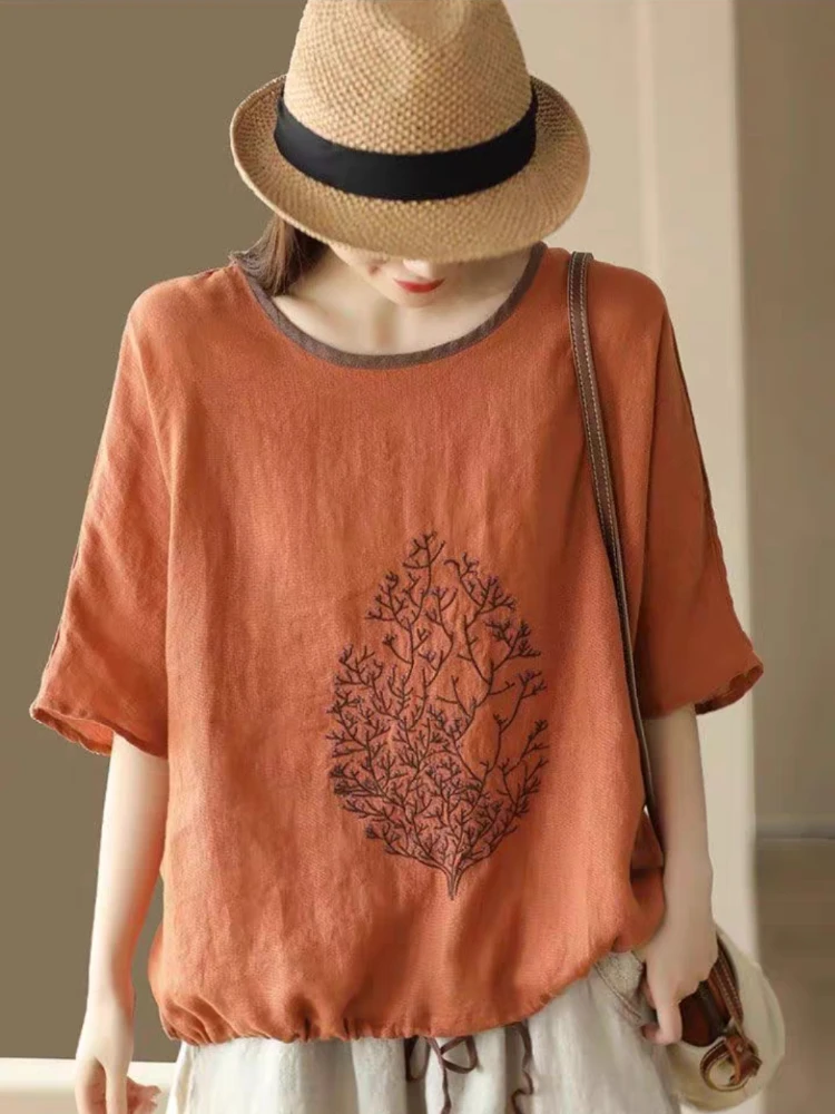 Loose T-shirts Women Summer Vintage Casual Panelled Literary Embroidery  All-match Temperament Streetwear O-neck Females