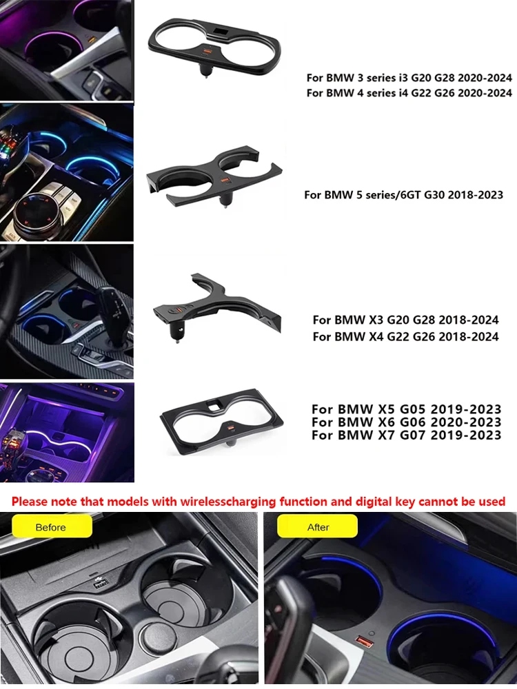 Ramka uchwytu na kubek LED z oświetleniem ambientowym do BMW serii 5 3 4 6 i3 i4 G30 G20 X3 X4 G01 G02 X5 X6 X7 G05 G06 G07, listwa ozdobna wnętrza — 2