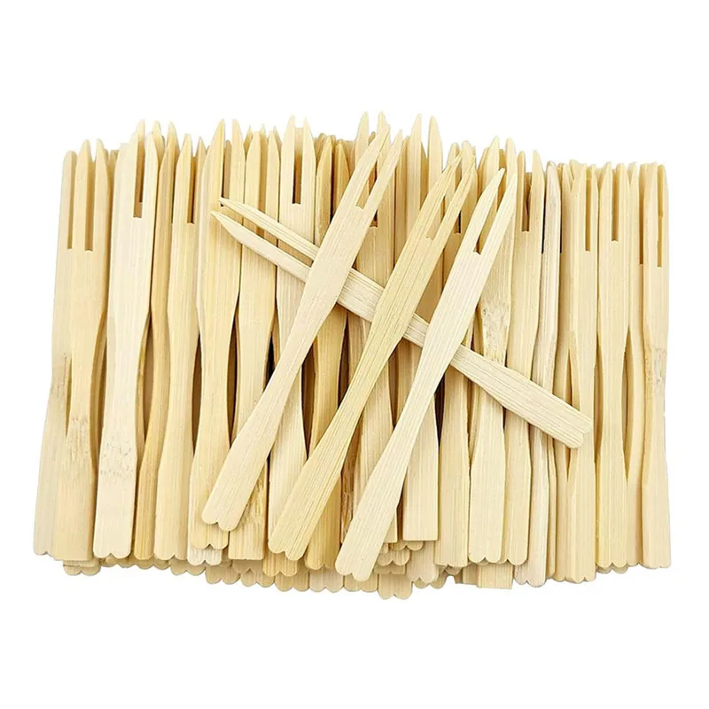 Tenedores de bambú desechables para aperitivo, suministros para fiestas y bodas, 100/200/500 piezas, 3,5 pulgadas