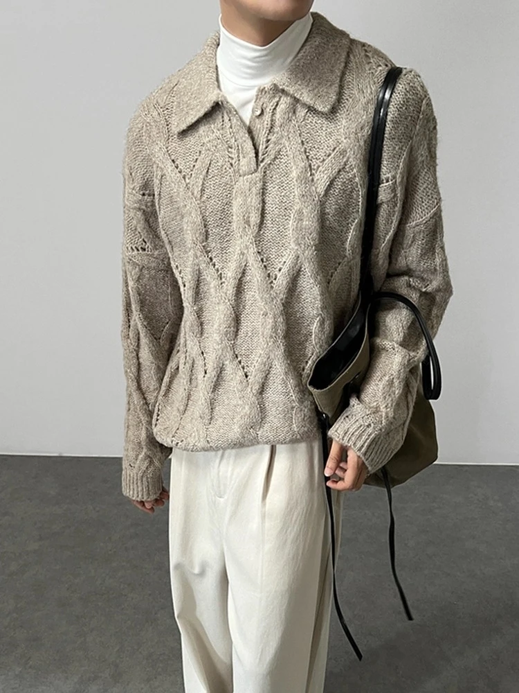 

Корейский вязаный свитер Lazy Twist, повседневный свободный крой, теплая зимняя мужская одежда, свитер с воротником, универсальный удобный вязаный топ