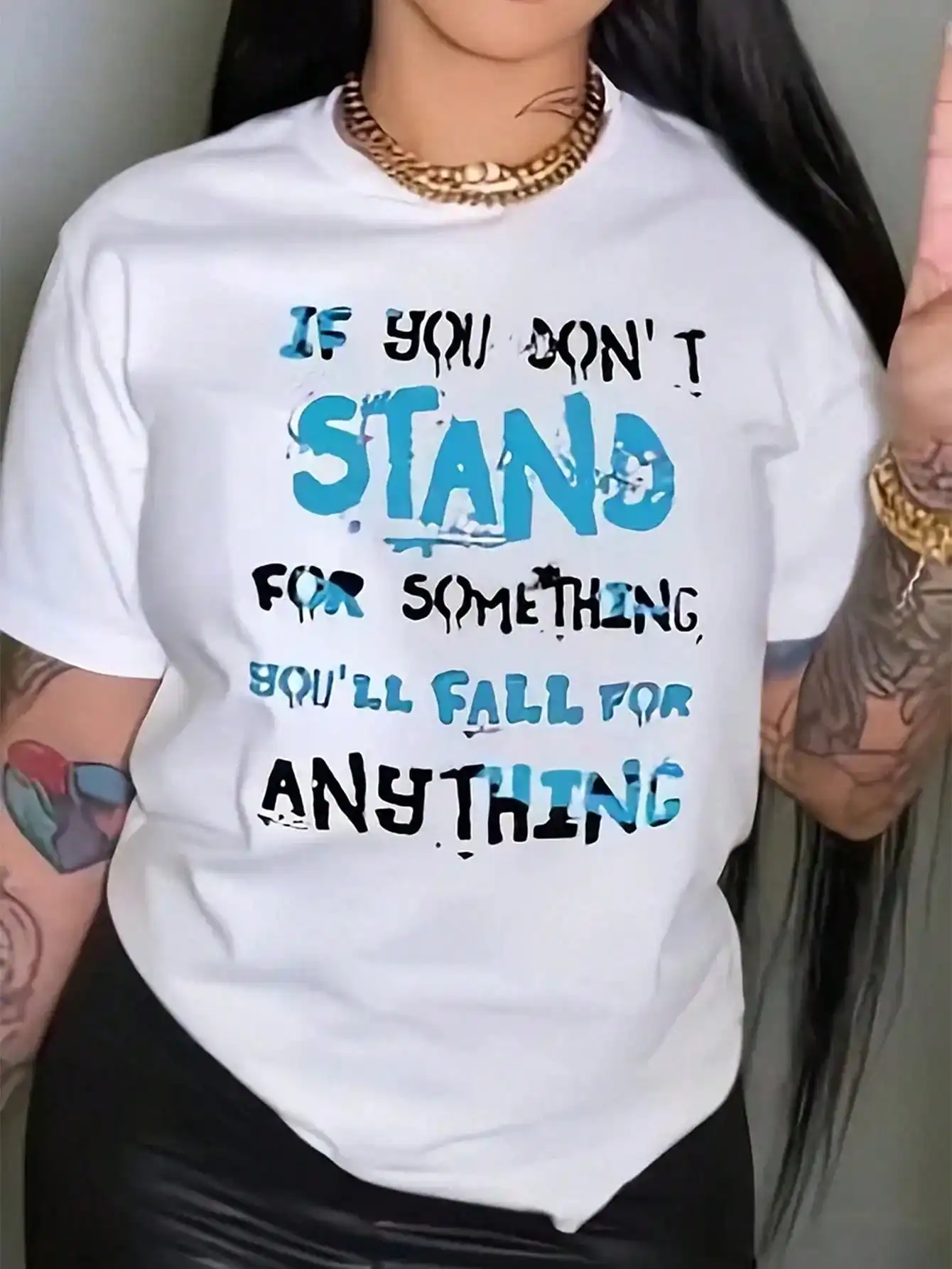 Women's Summer Printed Round Neck Short Sleeve Casual-Shirt IF YOU DON'STAND SOMETHING YOU'LL FALL ANYTHING Graphic Tees Women To