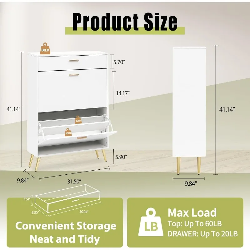 Shoe Cabinet with 2 Flip Drawers, White Freestanding Storage Racks for Entryway Hidden Narrow Shoe Organizers Perfect