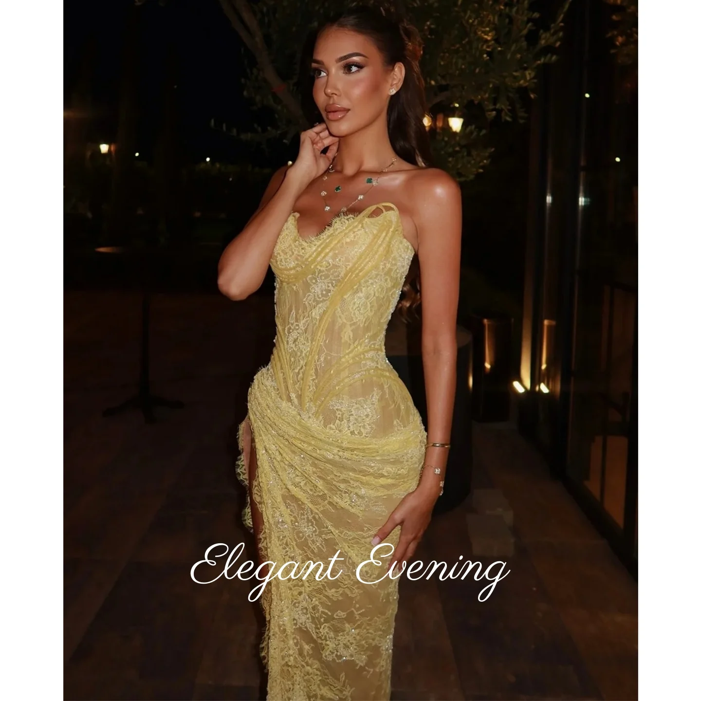 Personalizado amarelo sereia vestido de noite renda bordado lantejoulas sem mangas vestidos de noiva lado alta divisão formal vestidos de baile