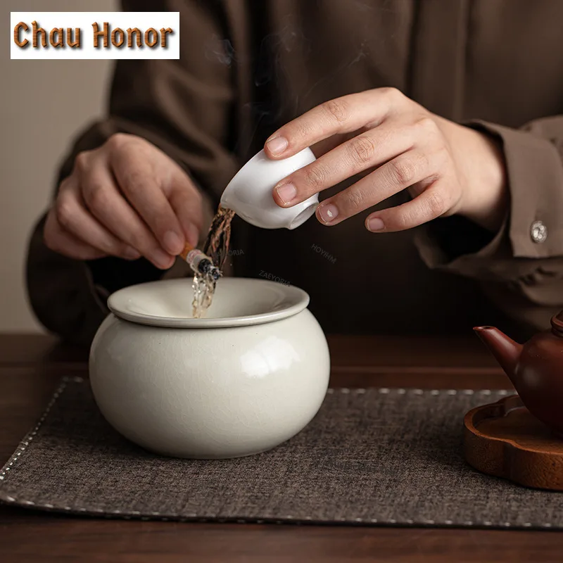 ZAEYORIA Ru Kiln Gracked Glaze Jianshui Tea Cup Wash Ashtray Writing-brush Washer Tea Residue Barrel Chaxi Equipment Decoration