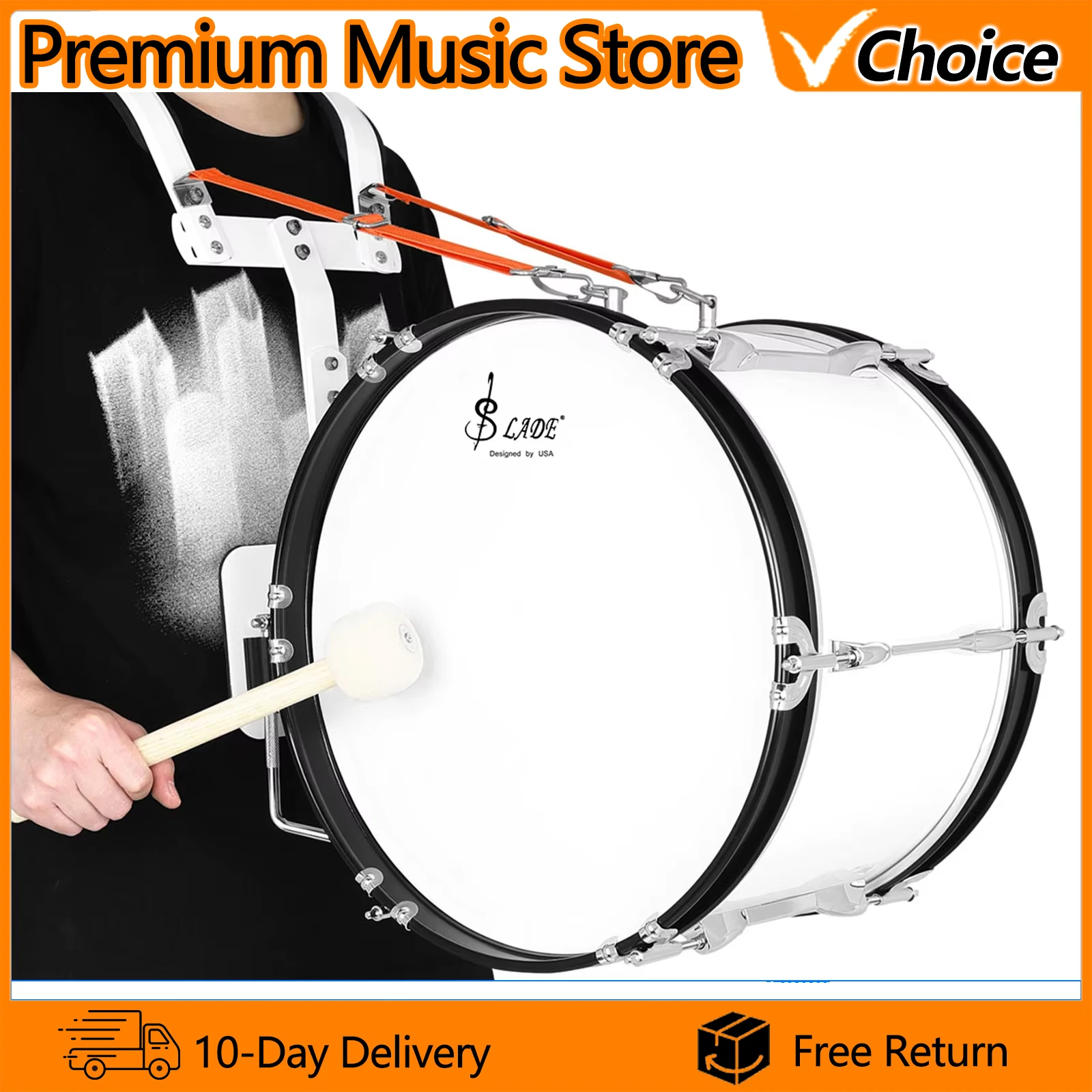 SLADE Bass Drum 16x12 Inch Bass Marching Drum Back-rack Drum Professional Percussion Instruments with Tuning Key Sticks Practice