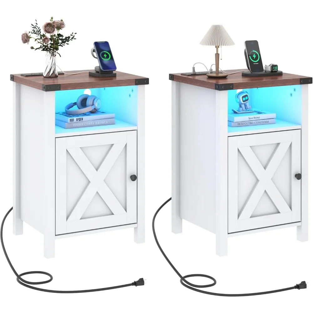 

Farmhouse Nightstand Set of 2, LED End Tables Living Room Set of 2 with Charging Station, Barn Door & Storage Shelf, Rustic Beds