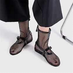 Runway Women Summer Boots Hollow Out Mesh Gladiator Sandals Ladies Flat Shoes Strap Ankle Botas Mujer Black Short Booties