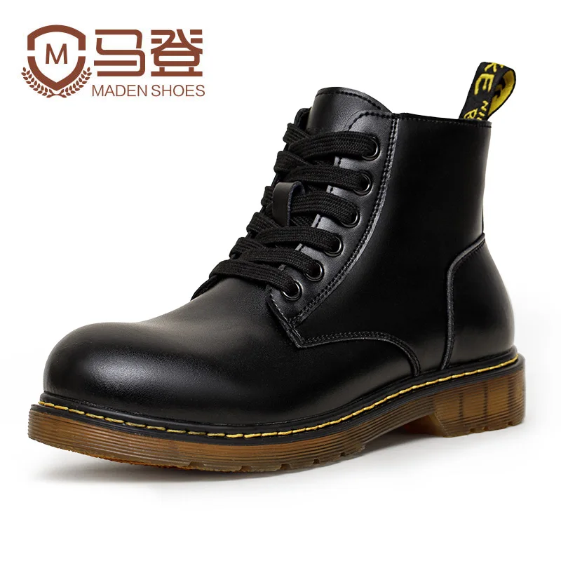 Maden Winter Couple Leather Boots Black High Top Snow Shoes Work Security Motorcycle Ankle Boots Unisex Hiking Safety Shoes