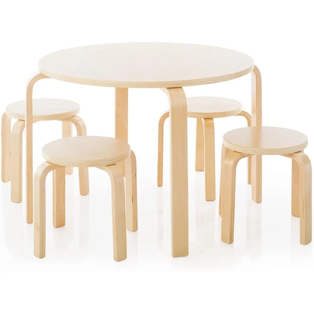 Nordic Table and Stools Set or Kids: Natural - 4 Stacking Bentwood Stools with Curved Wood Activity Table - Children's ern Kitch