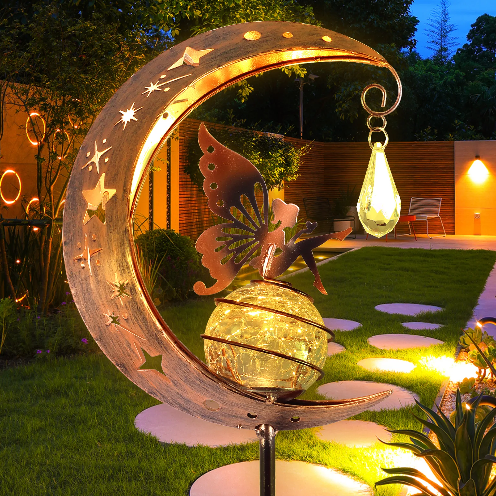 Mond Fee Solar Licht Outdoor Garten Fee Pfahl Lichter IP55 Wasserdichte Rasen Lampe Metall Fee Schmetterling Hof Lampe Dekorativ
