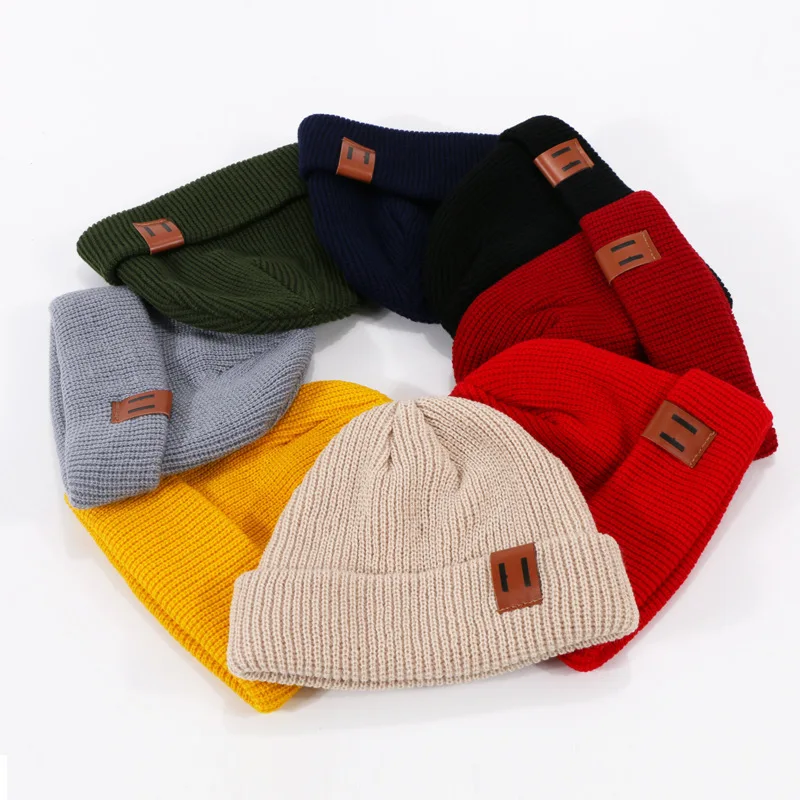 High Elasticity Knit Beanie Hat Faux Leather Tag Winter Ear Protection Skull Cap Unisex Machine Washable Stretchy Sports Cap