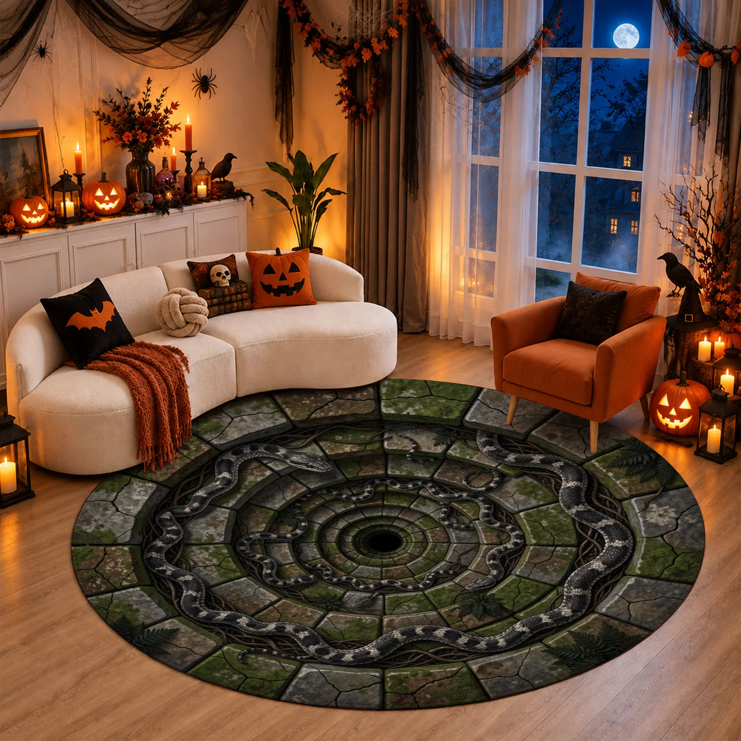 Circular Mossy Stone Snake Pattern Rug Velvet Machine Washable for Living Room Bedroom Entryway Halloween Thanksgiving Black Friday Christmas New Year