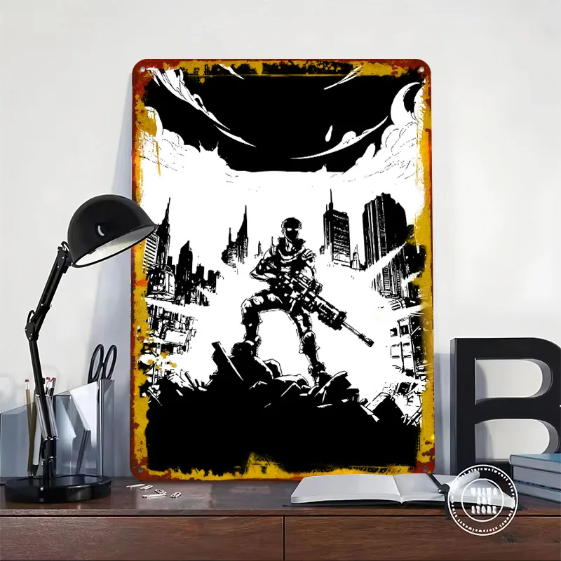 Futuristic Soldier in Ruined Cityscape Printed Poster Customized Wall Art Retro Vintage Metal Tin Signs for Luxury Home Decor