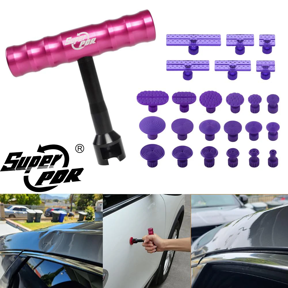 Super PDR 25 Pcs Paintless Dent Removal Kit with T-Bar Puller 6 Rectangular 18 Round Puller Tabs for Body Repair Dent Repair Kit