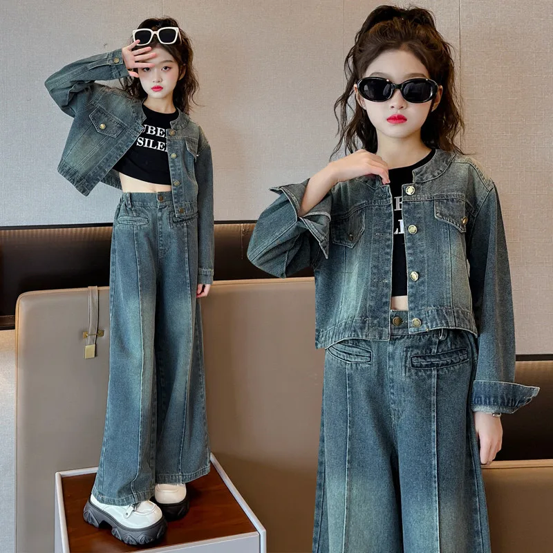 autumn teen girl Retro Denim clothes suit Round neck denim jacket+straight through jeans 2pcs junior kids suit child outfits 14