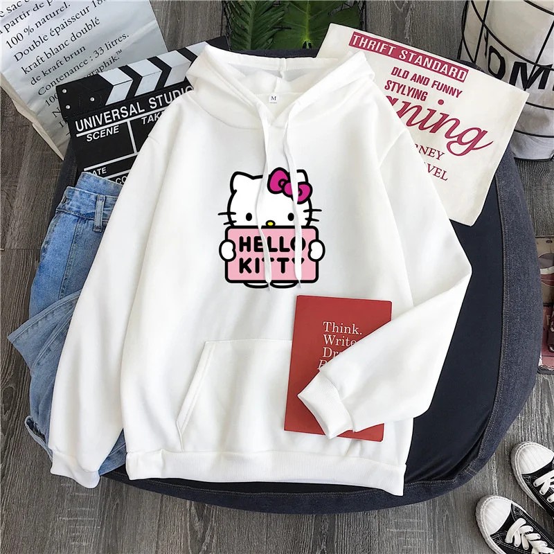 2024, новые повседневные женские толстовки Sanrio Hello Kitty Kawaii, топы для женщин, милые толстовки, модные Harajuku с длинными рукавами, большие