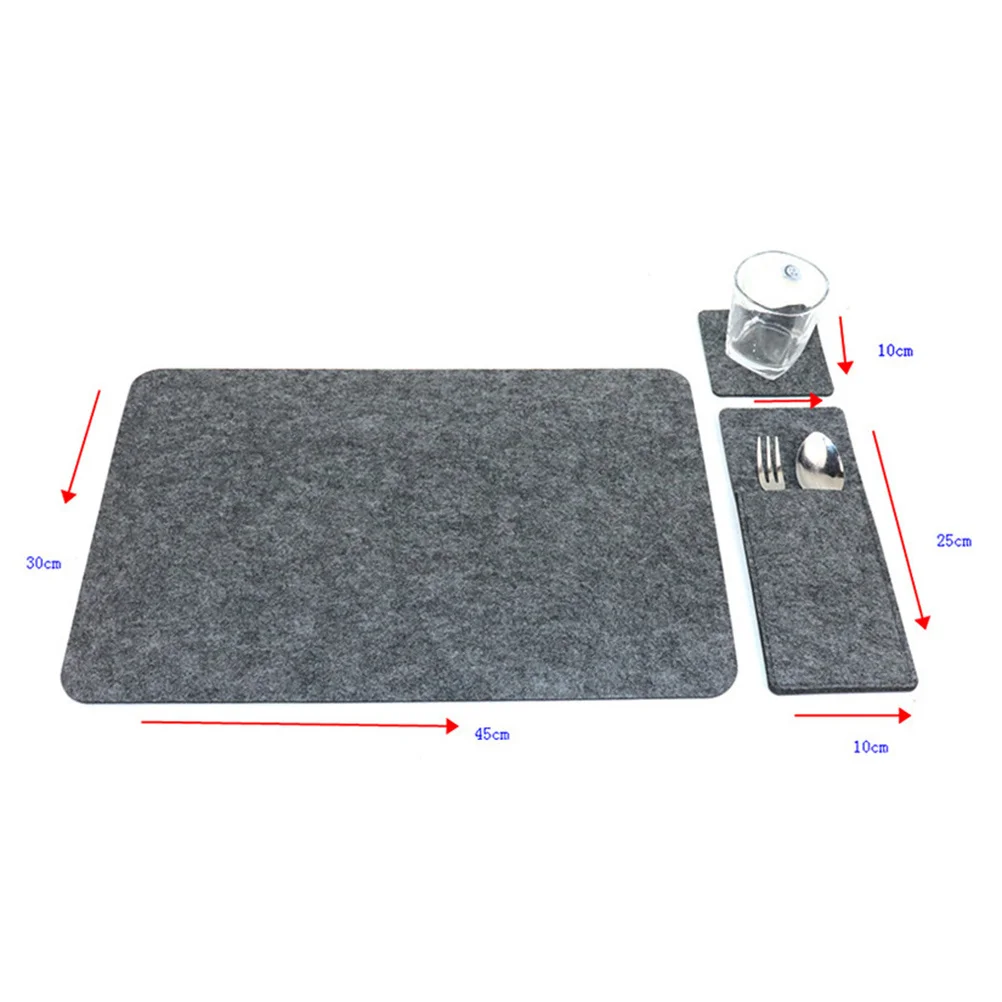 

6Sets Grey Felt Placemats Kit Coasters Fork Bags Dining Mat Heat-Resistant Table Protection Table Mats Set Felt Placemat