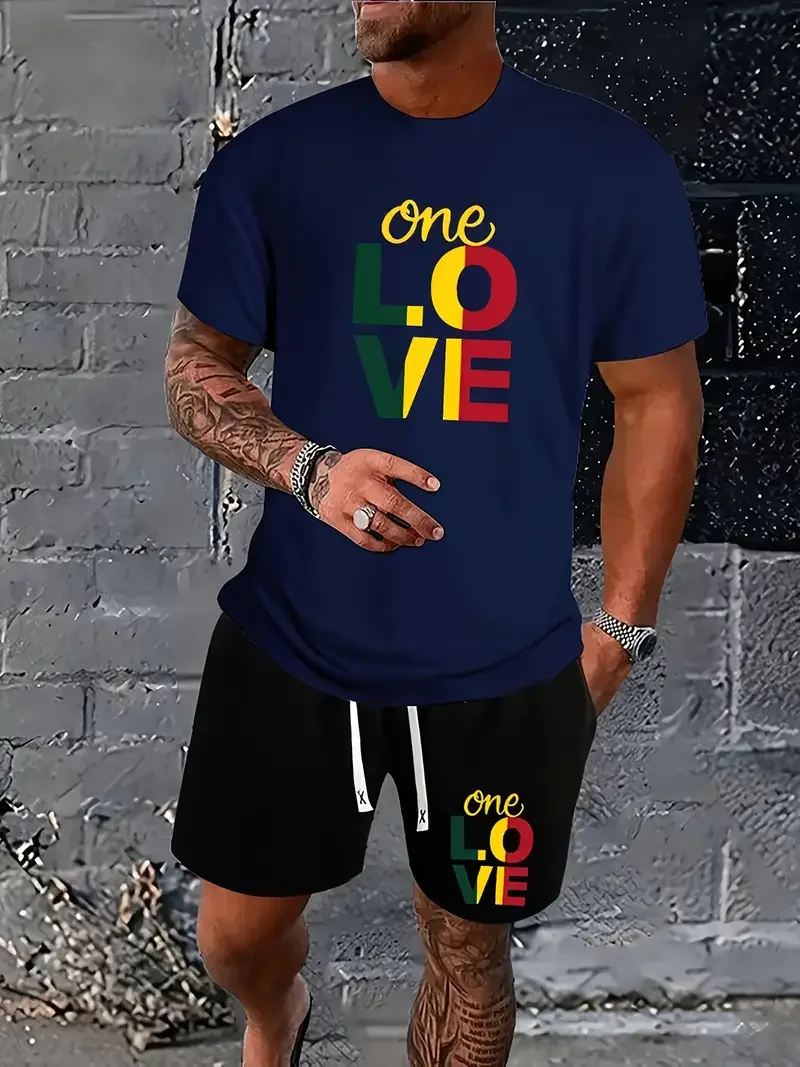 One Love Letter pattern Set T-shirt Men\'s Short sleeved T-shirt Summer Sport Shirt Fashion Leisure Fitness Running Two Piece Set