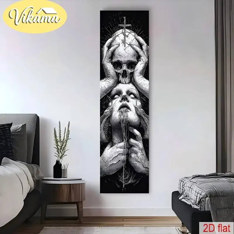 Dark Woman Skeleton Tapestry, Black-and-White Cross with Snake Pattern Gothic Vertical Hanging Tapestry, Home Decor