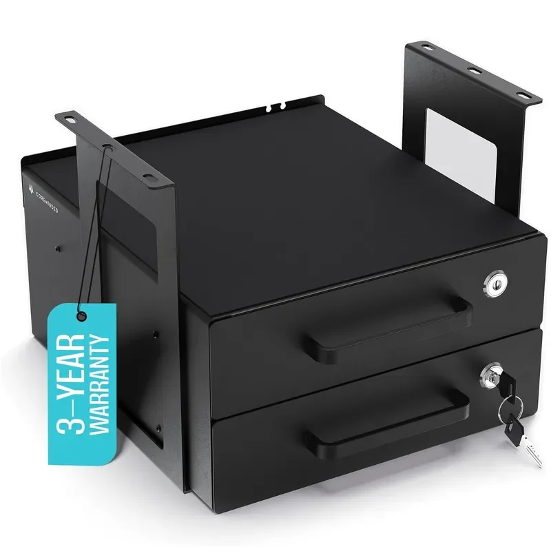 Under Desk Drawer Slide Out Metal Storage Box with Lock and Cable Management Hole for Office Home Computer Table Organizer