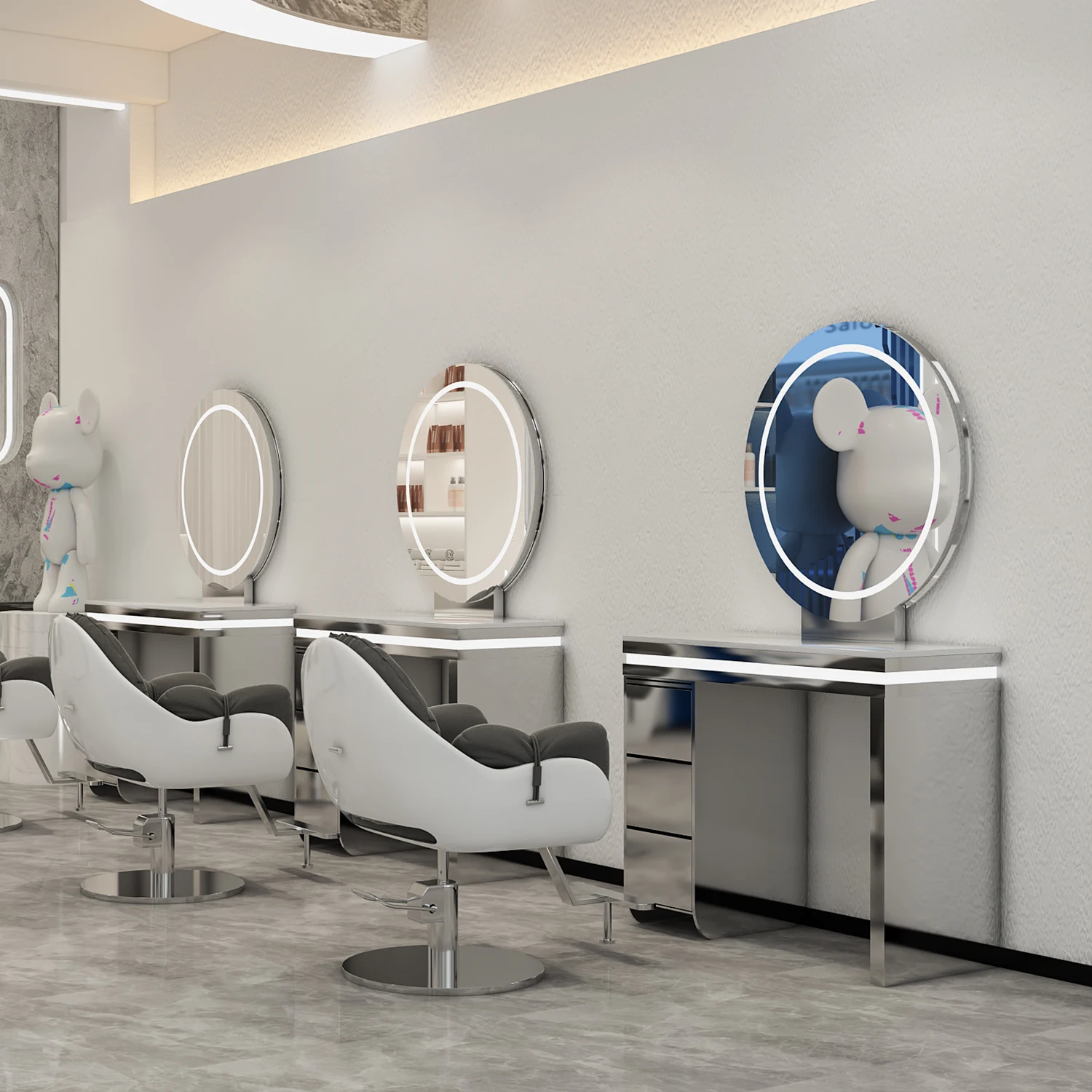 

Stainless steel marble hot dyeing table, mirror, hair salon cabinet integrated