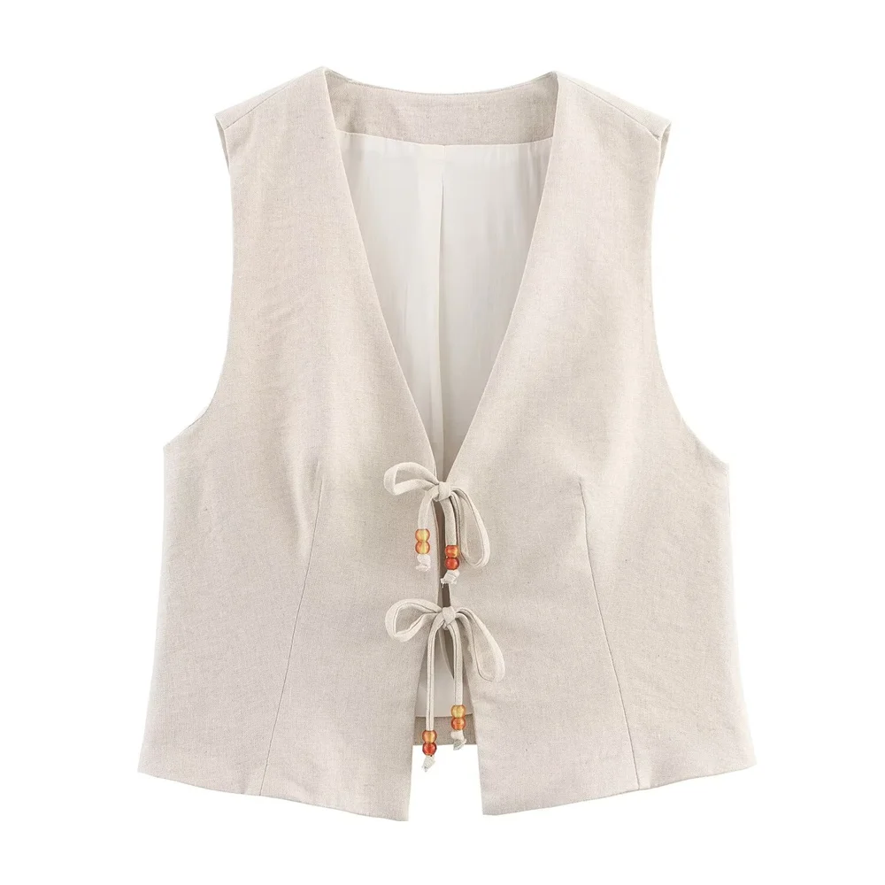 Zach Ailsa womens fashion V-neck beaded lace up sleeveless vest summer new high waisted casual versatile shorts