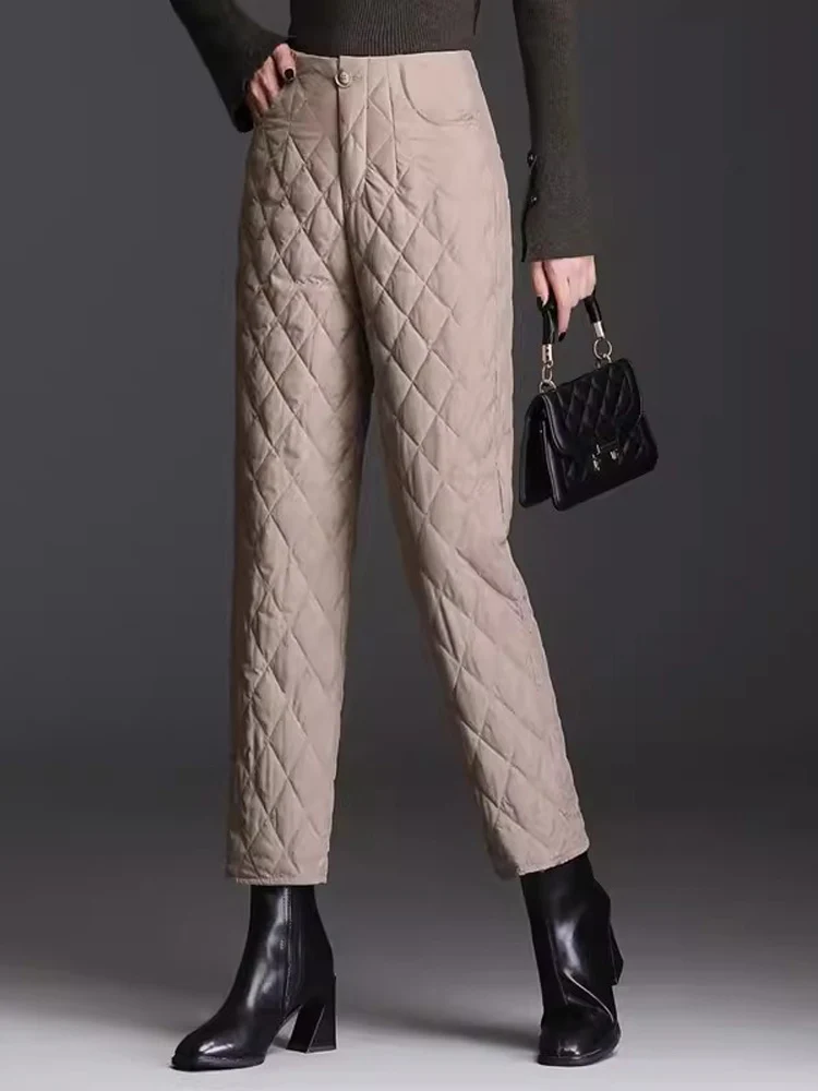 Pantalones de algodón ligeros para mujer, Pantalones rectos acolchados a cuadros informales, cintura alta, invierno, 2024