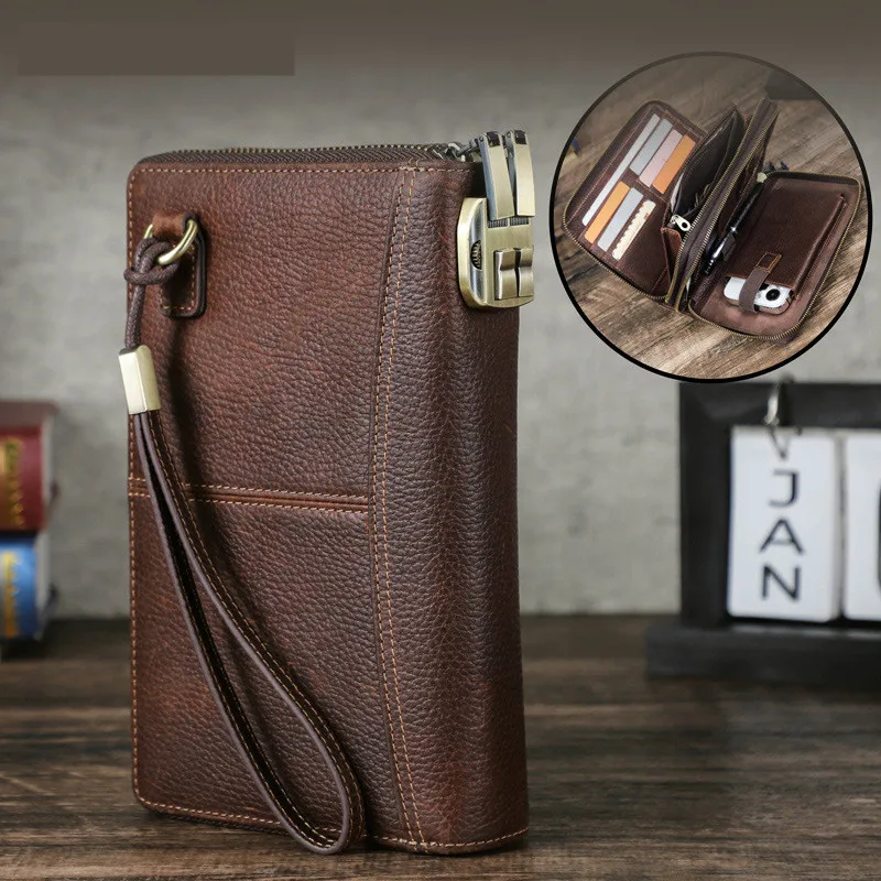 

Litchi Patterned Cow Leather RFID Anti-theft Metal Double Zipper Combination Lock Travel Passport Bag Clutch Bag Long Wallet