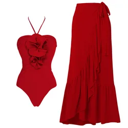 2025 Sexy 3D Flower Swimwear One Piece Swimsuit Skirt Vintage Print Deep V Bikini Set Women Brazilian Beach Bathing Suit Dress