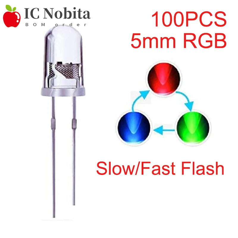 100PCS F5 5mm LED Slow/Fast Flash Red Green Blue RGB Rainbow Multi Color Light Emitting Diode Round LED Full Color DIY