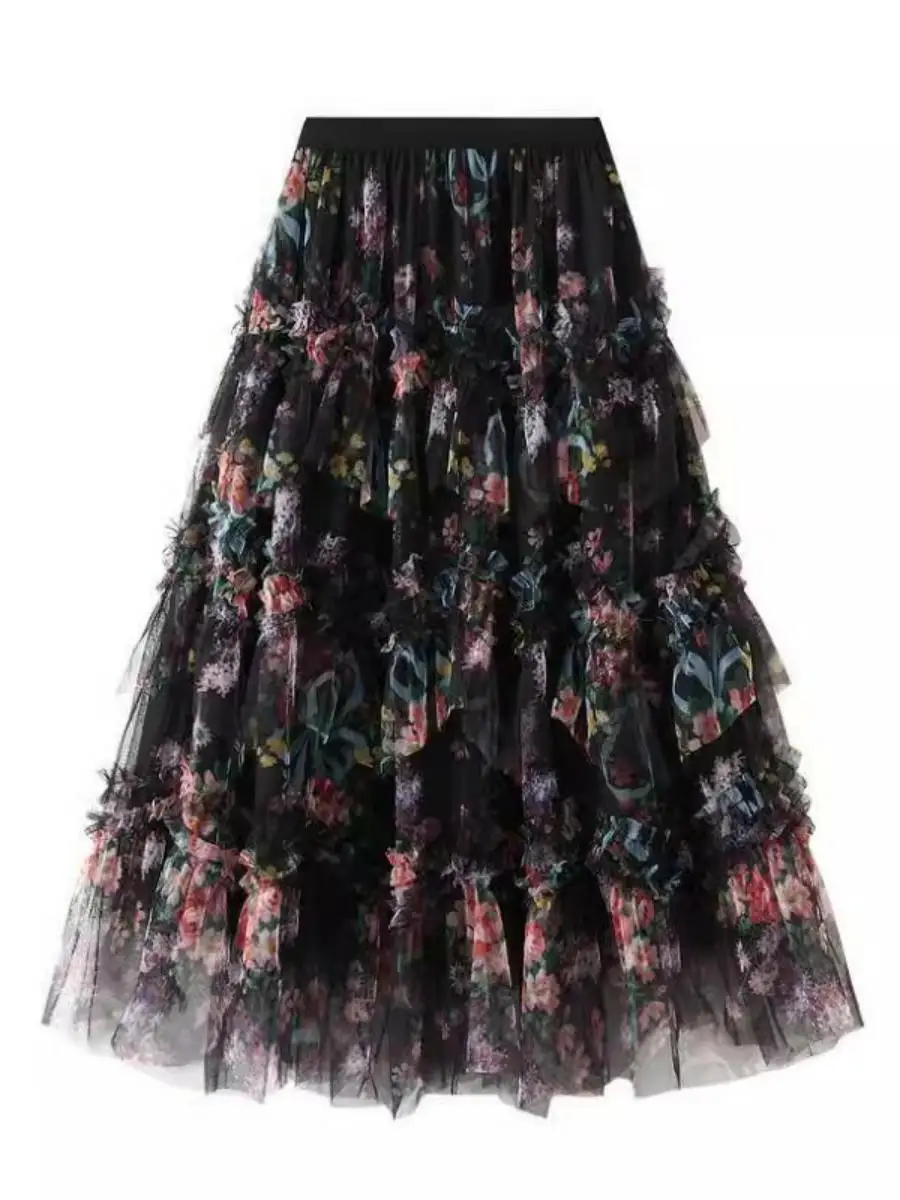 Jupe florale en Patchwork rétro français-2020, nouvelle jupe trapèze en maille pour femmes avec ourlet irrégulier, Style Court élégant, printemps 2025