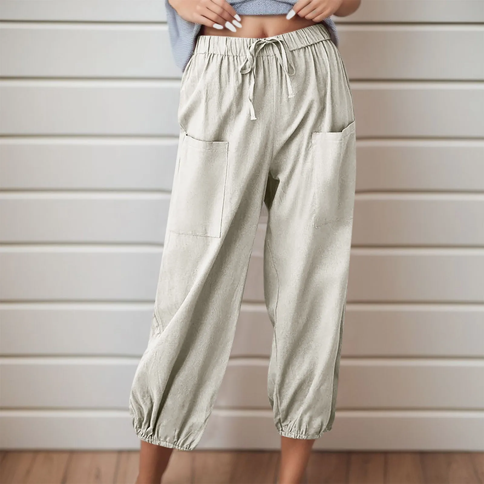 

2023 Women Soft Harem Pants Summer Casual Loose High Waist Pocket Trousers Female Vintage Ankle-Length Wide Leg Trousers